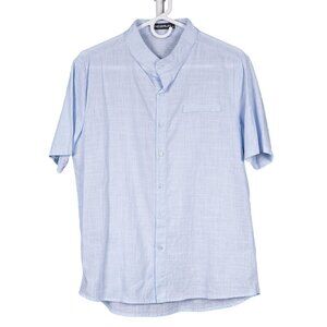 Summer Button Up Shirt M Mens Blue Short Sleeve Cotton Textured Light Pocket